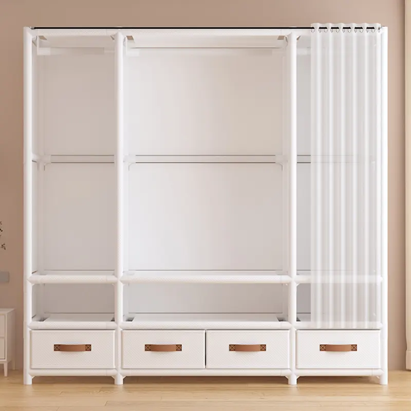 56-in Large White Japanese-Style Armoire Closet Organizer - Single Unit Freestanding Portable Wardrobe, 3 Hanging Rods, 4 Drawers, 6 Shelves, Heavy-Duty Clothes Organizer Cabinet, Non-Woven Fabric Closet System for Bedroom, Entryway sohochic