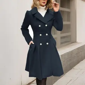 Women’s wool-blend trench coat, fashionable notched lapels, double-breasted, thick, with pockets — GARMENTARY
