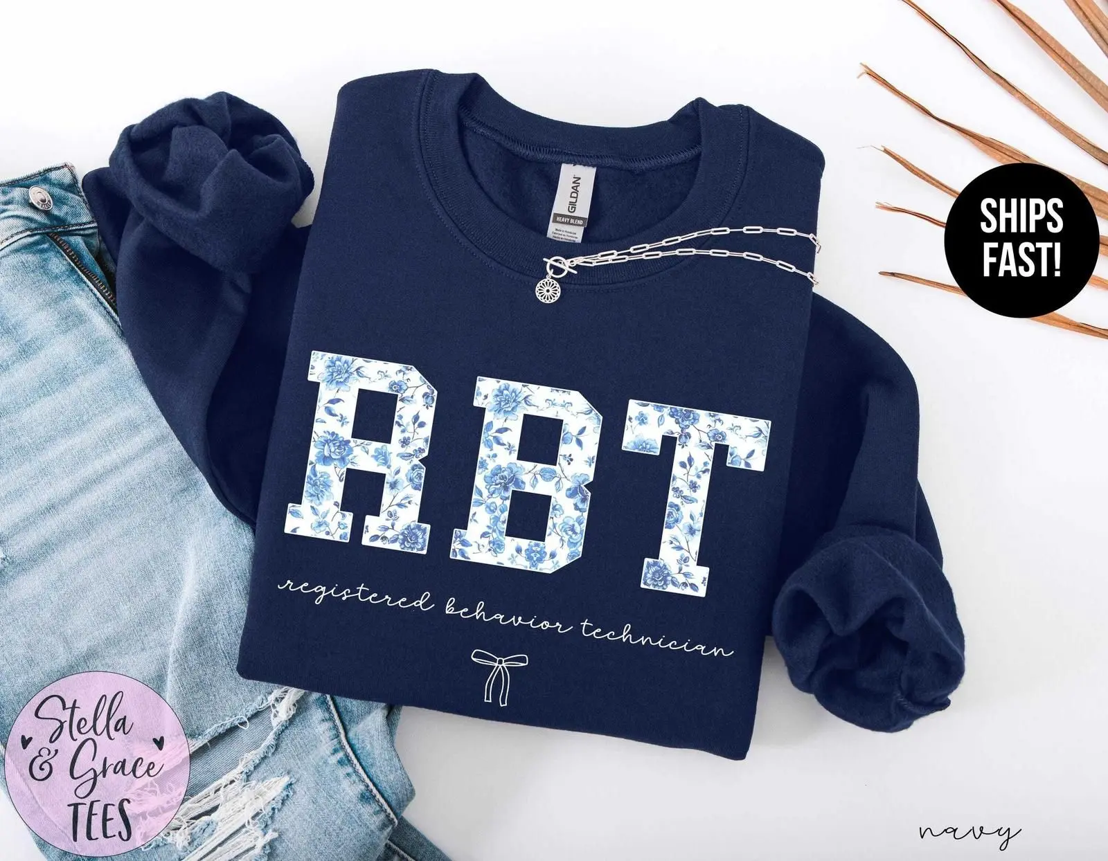 RBT Sweatshirt, Registered Behavior Technician Crewneck, Cute ABA Therapist Graphic Top, Blue Toile Behavior Tech Shirt, Cozy Gift For RBTs