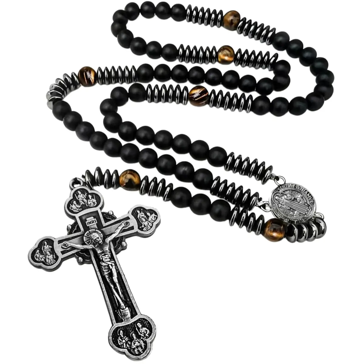 Large Heavy Rosary,rosary beads catholic for men,black rosary Necklace for men and women with medal & cross,black beads with St.Benedict
