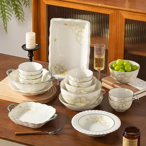 4/6/8/12/18 piece set of ceramic tableware, featuring French floral freshness, including bowls, plates, soup bowls, spoons, etc., suitable for storing vegetables, fruits, salads, pasta, desserts, and other delicacies. Essential for home use, tableware set
