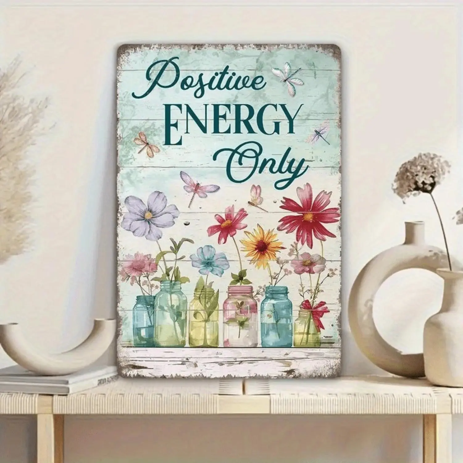 2D Flat, 1pc Putuo Decor Vintage Farmhouse Metal Tin Sign - Positive Energy Only Inspirational Wall Decor with Floral Mason Jar Flowers in Pastel Colors (Mint Green, Pink, Yellow, Blue, Teal) - Rustic Home, Office, Living Room Decoration