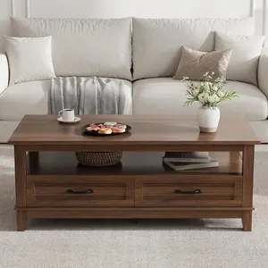 Off-white 47Point2 Inch Farmhouse Coffee Table with Drawers Rustic Walnut Center Table with Ample Storage and Elegant Design Brown