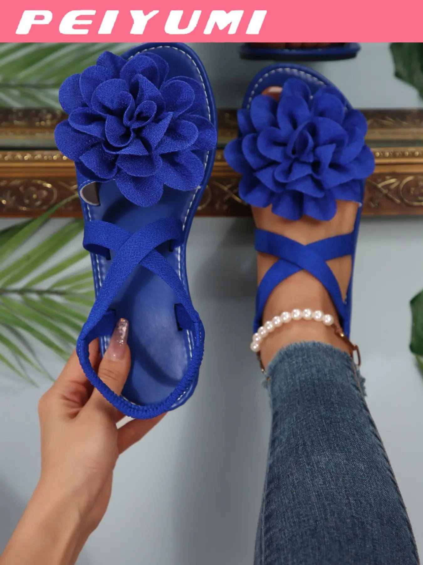 Women's Fashion Sandals with Elegant Flower Decoration and Cross Strap Design, Comfortable and Versatile, Multiple Color Options, Footwear, Dressy Flat Sandals, Embellished Sandals, Elegant Floral Sandals