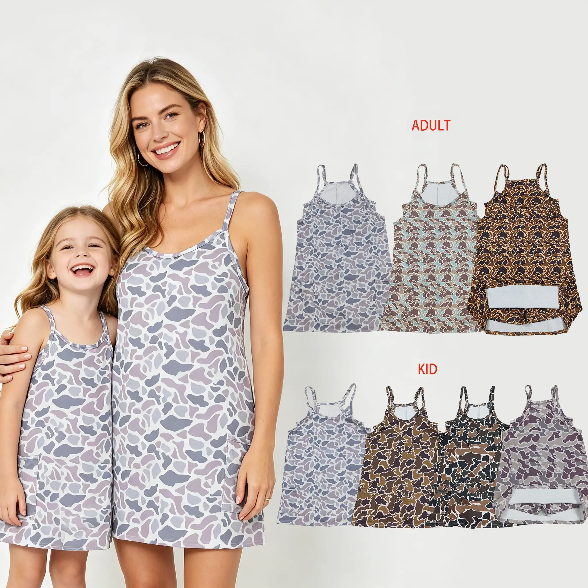 Adorable Mommy & Me Grey Camo Sports Dress | Quick Dry Summer Dresses for Mums & Girls | Perfect for Gym, Park & Twinning