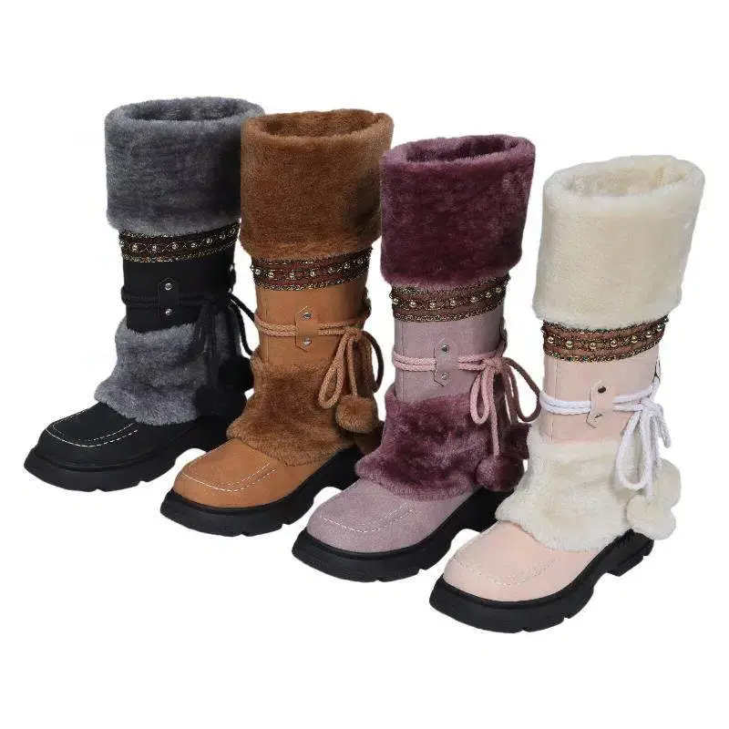 Women's Velvet Mid-Calf Boots, Casual Bohemian Slip-On Platform with a Chunky Heel and Round Toe, Warm Plush Lining for Winter, Footwear, Cuban, Plain, Plush Lined, Plush Ball