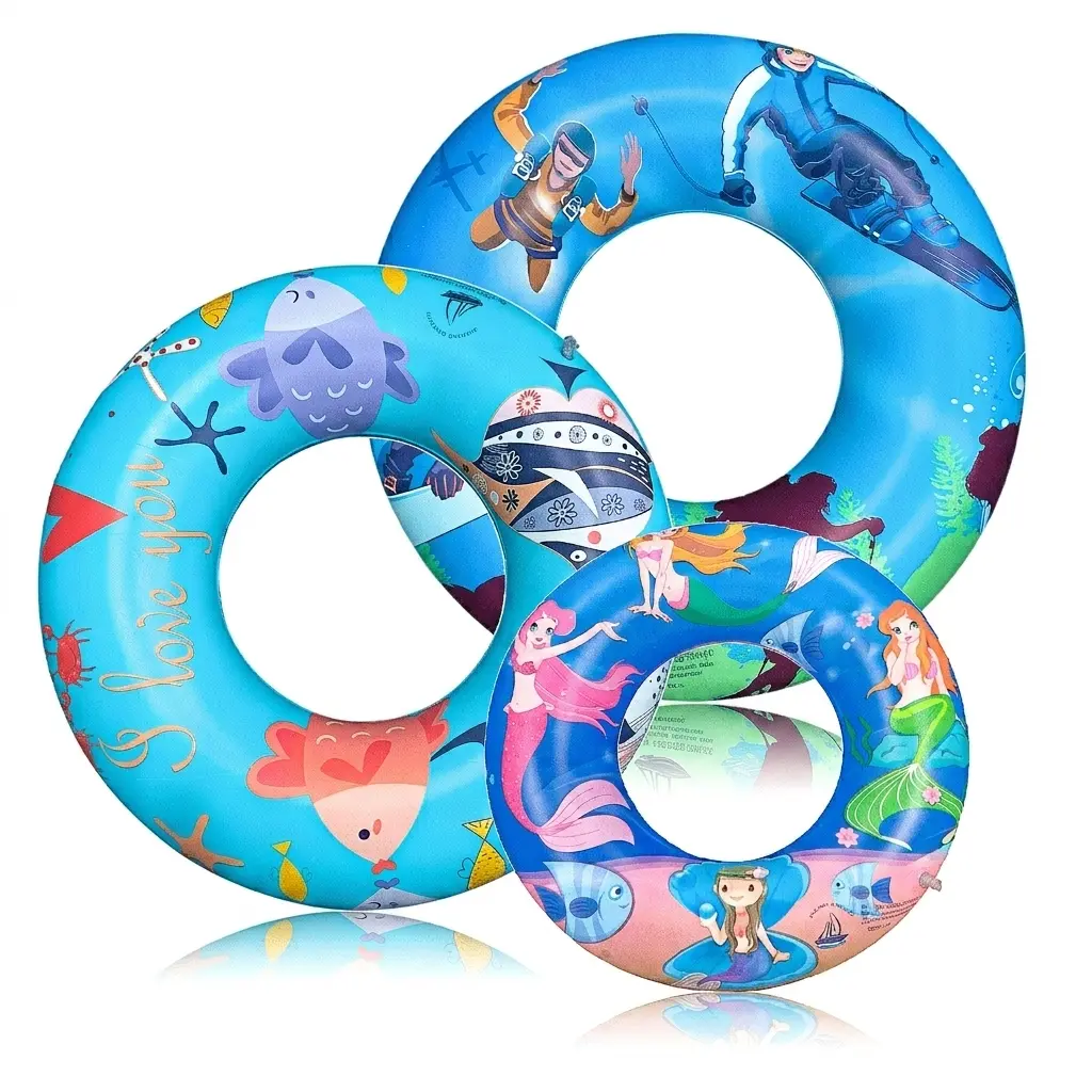 3-Pack Inflatable Swim Ring Family Set Mermaid Ocean Print & Action Sports Durable PVC Pool Floats Water Toys for Teens Adults