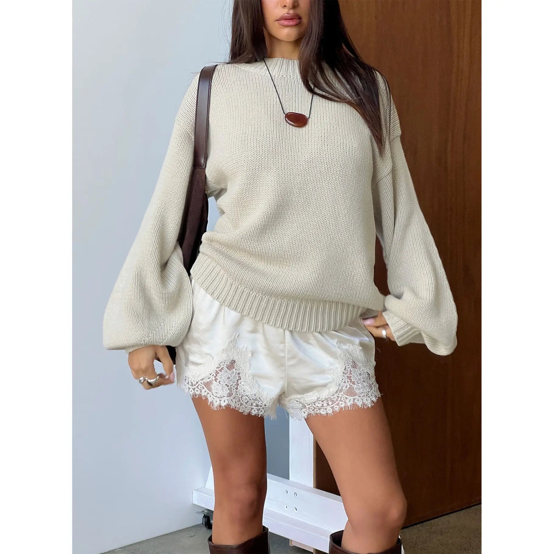 Harmony Balloon Sleeve Knit Sweater Beige