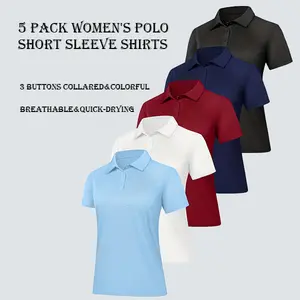 Veldtholos Women's Polo Shirts 5 Pack Short Sleeve 3 Buttons Collared Uniform Tops Moisture-Wicking T-Shirts for Work & Casual Wear