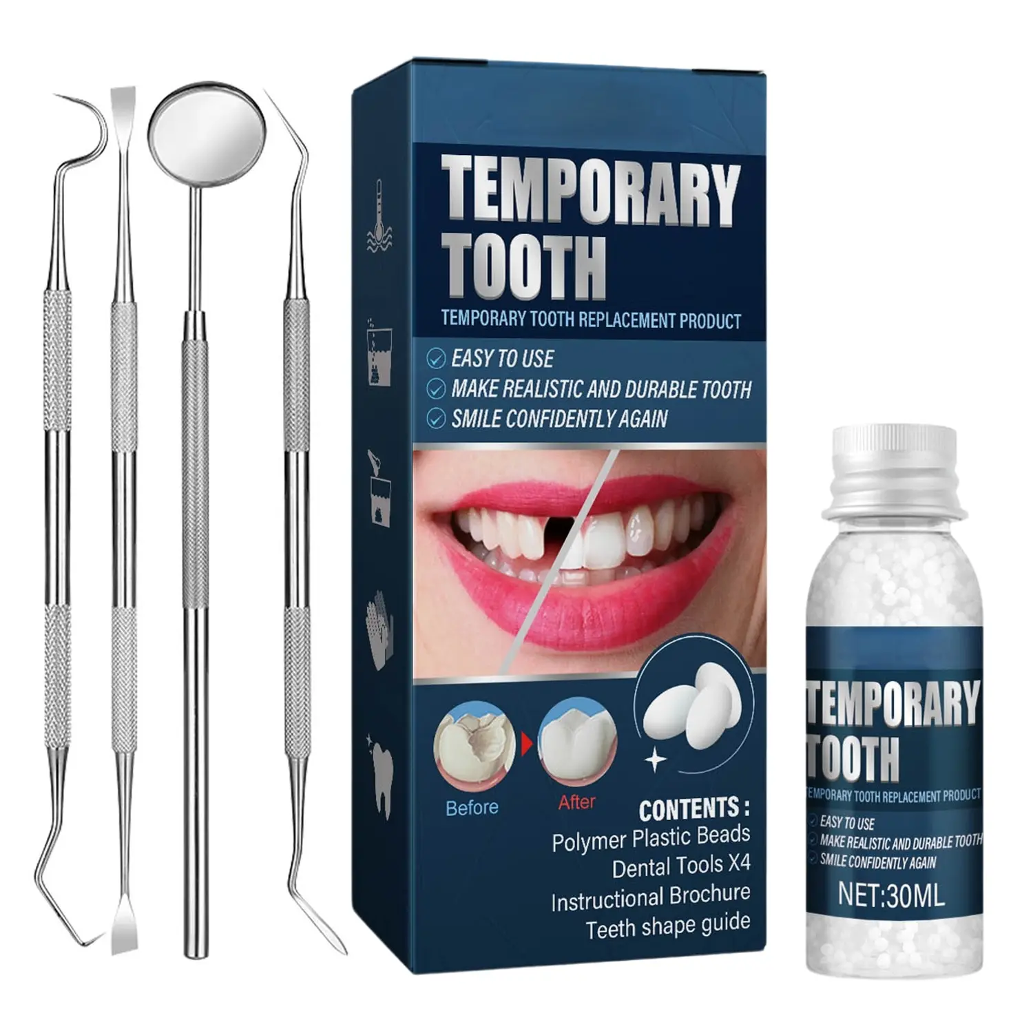 Tooth Repair kit with 4 Dental Tools, Tooth Filling Repair The Missing Teeth, Dental Care Kit Fixing Broken Teeth, Save Smile Cause Bad Teeth and Smile Confidently Again