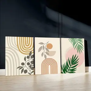 3pcs Set Boho Chic Wall Art, Floral Abstract Design, Nature Elements Poster, Dreamy Vibes Art Prints, Pastel Tones Home Decor, Modern Wall Paintings, Canvas Posters Wall Arts, Decor for Living Room, Bedroom, Housewarming Gift, With Frame