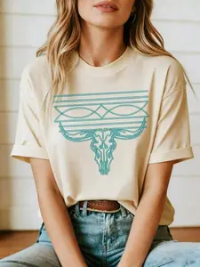 100%2026 Women's Western Style Turquoise Boot Cowgirl Shirt Casual Dressy Shirts Workout Clothes% Cotton, Breathable And Comfortable Round Neck Short Sleeve Knit Polyester Tee, Fashionable For Summer Daily Playeras,Playeras De Mujer,Vintage,Easter