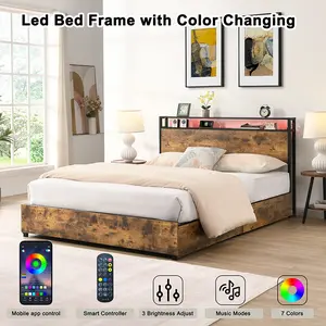 Queen Platform Bed Frame with Storage Headboard, LED Lights & Charging Station, Solid and Stable, Queen Platform Bed Frame for Bedroom, Noise Free, No Box Spring Needed, Easy Assembly,Black+Brown Drawers Modern Design