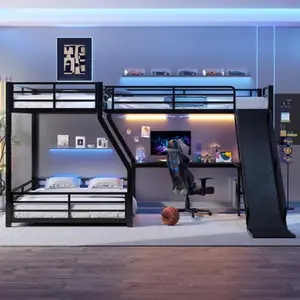 L-Shaped Twin Over Full Bunk Bed with Twin Size Loft Bed, Built-in Desk, Ladder, USB Ports, 3-in-1 Metal Loft Bed with Slide, Space Saving, for Adolescents  Adults, Black