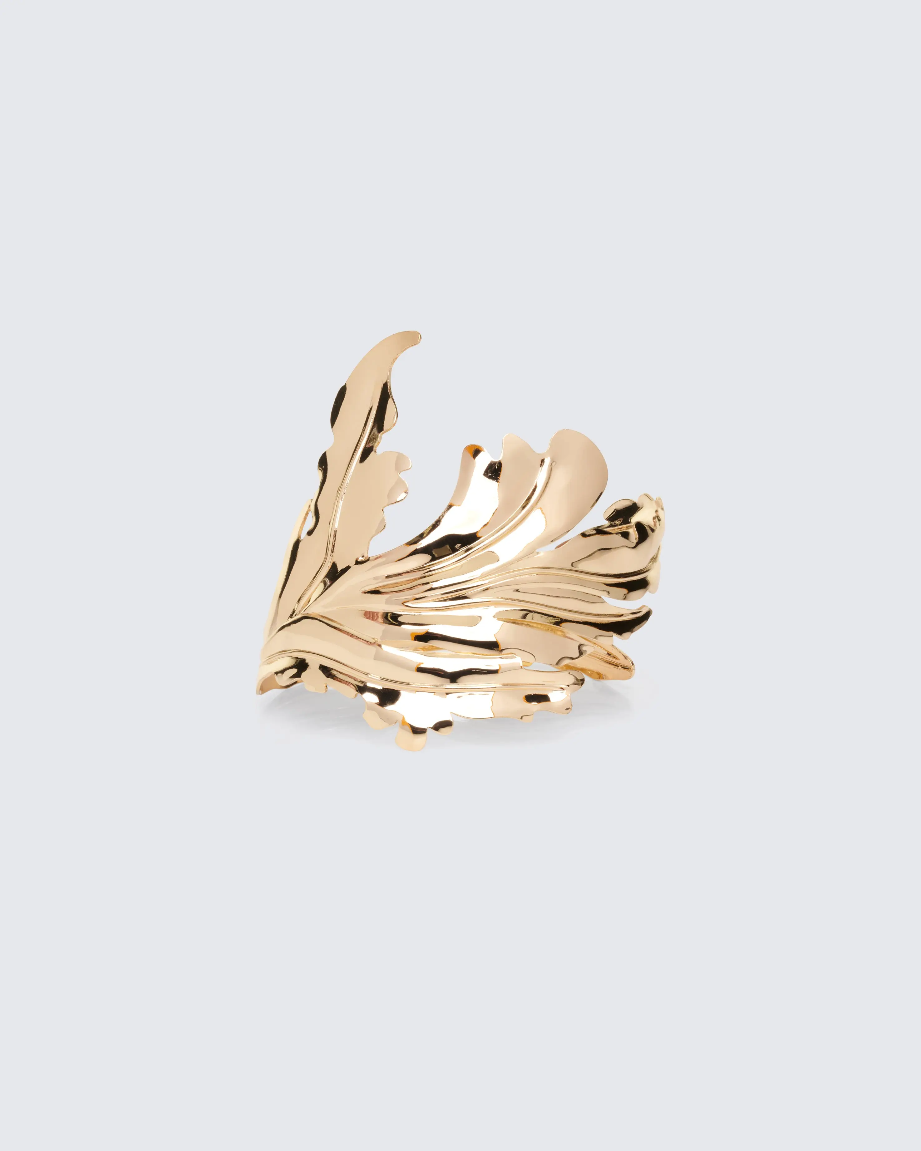 Evangeline Adjustable Gold Leaf Cuff Bracelet, Chunky Look Costume Jewelry with Sculptural Leaf Motif Statement Piece, Adjustable Cuff, Steel Base