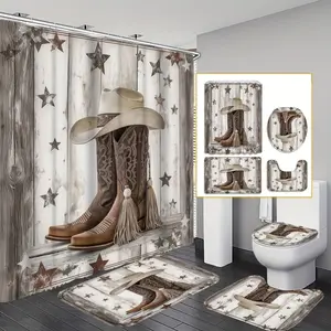 Cowboy Boots & Hat Pattern Shower Curtain Set, 4 Counts/set Including Shower Curtain & Toilet Mat & Bath Mat & Toilet Lid Cover, Western Shower Curtains For Bathroom, Bathroom Decor Supplies, Bathroom Decoration Accessories, Restroom
