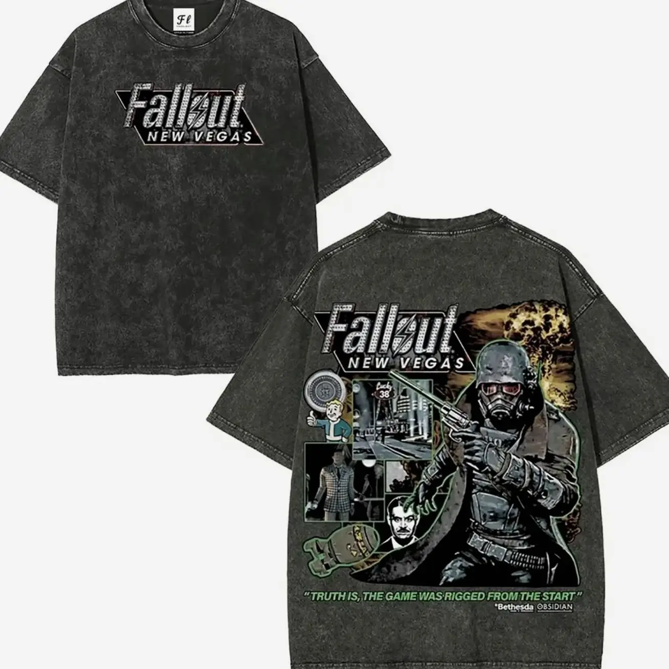 Vintage Fallout 3 New Vegas Green Wash Unisex Cotton T-Shirt Retro Gaming Tee for Gamers & Casual Wear Double-Side Washed Graphic Top Round Neck Streetwear Shortsleeve Menswear Tshirt 7R5 BE7