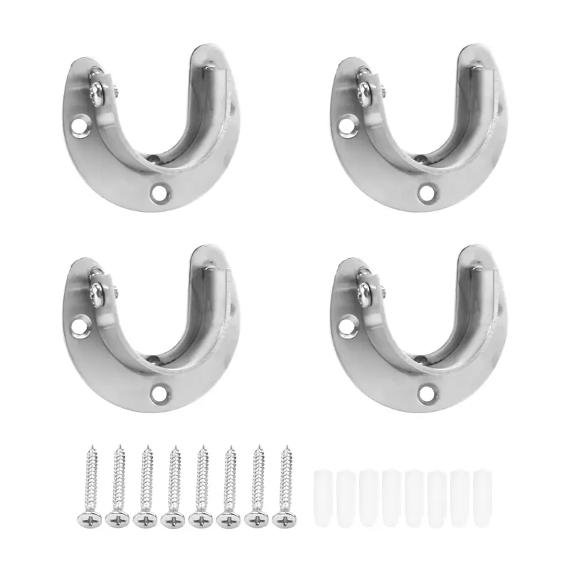 4-Pack Heavy Duty Adjustable Stainless Steel Wall Mounted Hanger Closet Support Rod End Holders for Balcony,Bathroom - 32mm/1-1/3in U-Shaped Lock Fit,4x Open-Lip Sockets Flanges,Drill Mounting,Anchors & 4 Adjustable Screws,Easy Install,200kg Max Capacity