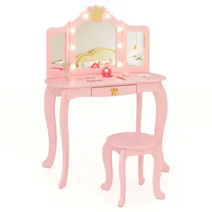 COSTWAY - Kids Vanity Set with Tri-fold Lighted Mirror Detachable Top and Stool-Pink
