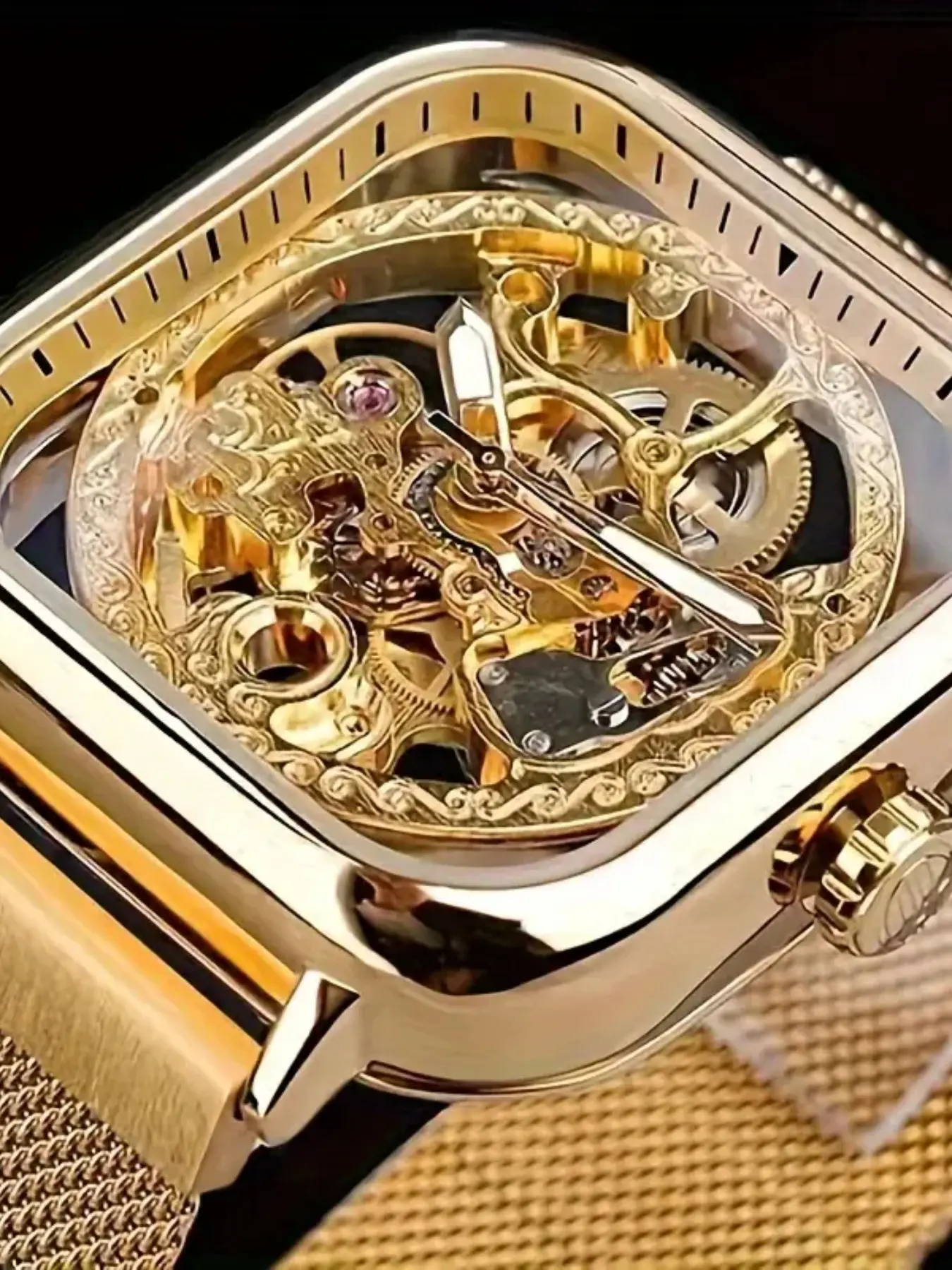 Stylish Men's Mechanical Watch, Authentic Fuxini All-Automatic Square Hollow Design, Luxury Casual Alloy Timepiece in and Gold, Fashionable Stylish Watch, Automatic Watches, Automatic Wristwatch