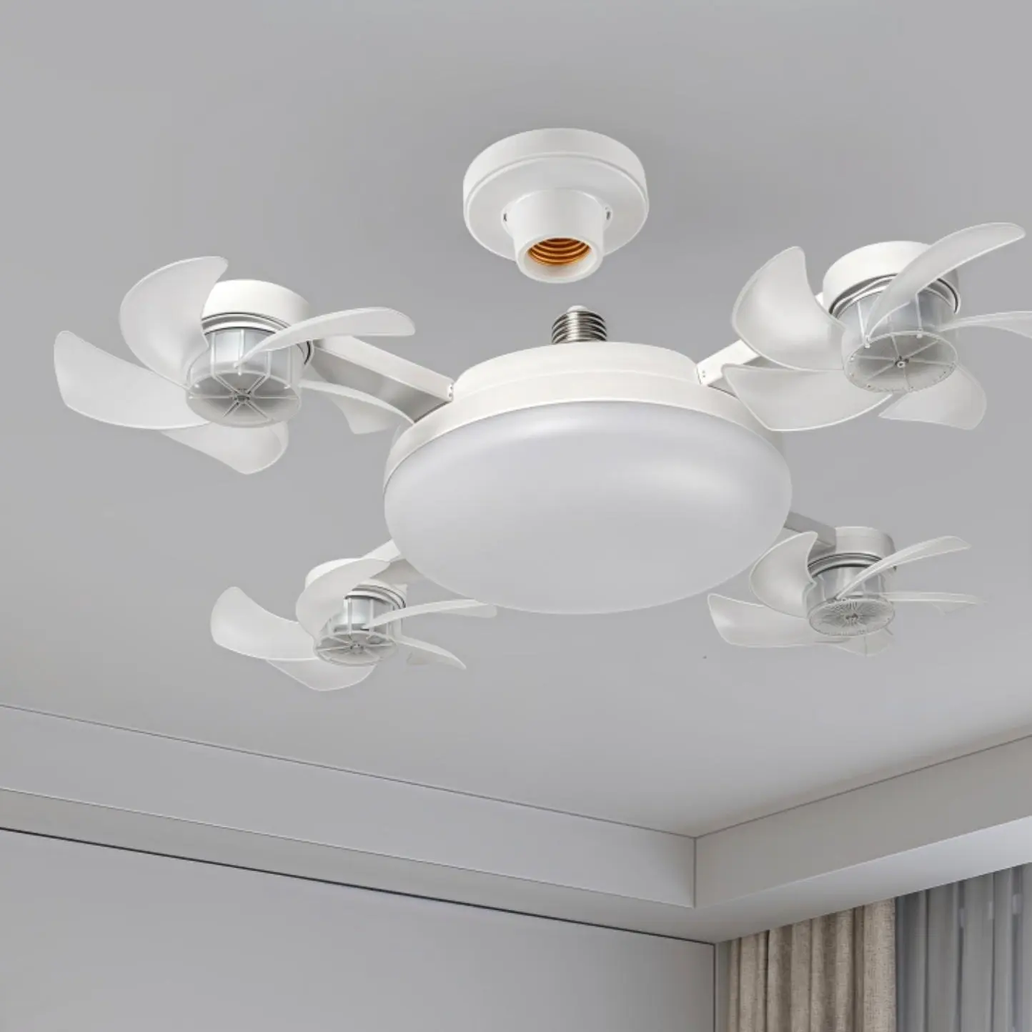 Screw In Ceiling Fan Light with Remote Control Foldable LED Socket Fan No Wiring No Electrician Needed E26 E27 Base 4 Blade Quiet Airflow Bright Lighting Easy Screw In Installation for Bedroom Kitchen Garage Dorm Office Small Spaces