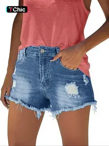 Women's Chic Mid-rise Distressed Washed Denim Whisker Cut Slim Fit Raw Edge Denim Mom Shorts, Womenswear
