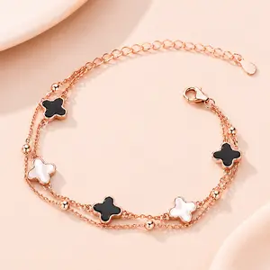 Adjustable Double-Chain Four-Leaf Clover Bracelet for Women – Black Onyx & Mother of Pearl Flower Design – Trendy Lucky Jewelry Gift