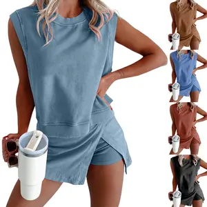 Tanming Womens Travel Outfits Summer Lounge Set Two Pieces Mineral Wash Cotton Tank Top Lined Split Athletic Skirt Set SummerFreshness #SpringStatements,summerwins