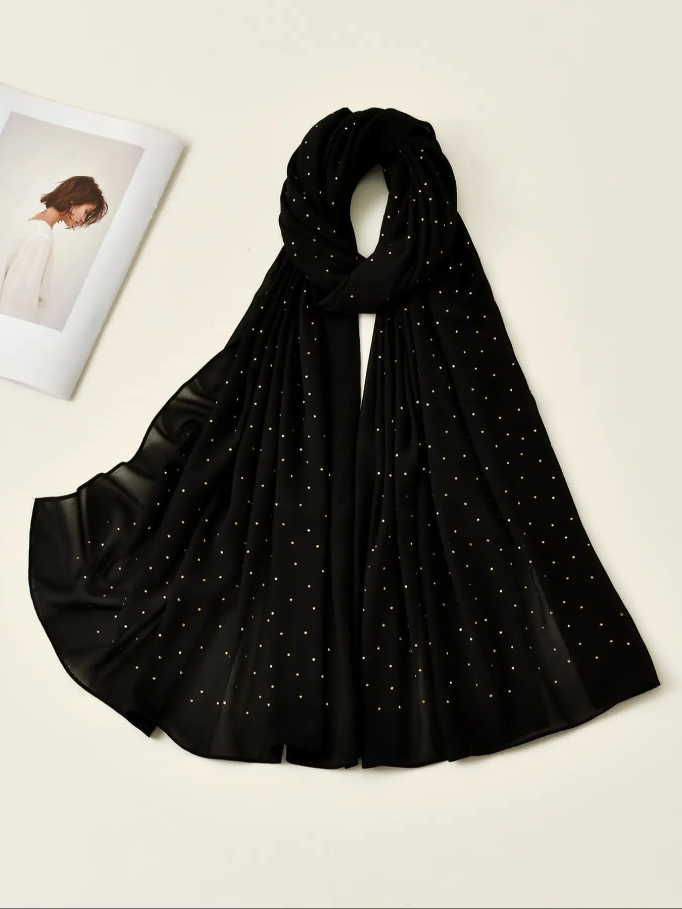 Women's Solid Color Smooth Headscarf with Rhinestones, Casual Arabic Style, Elegant Hair Accessory for Women, Perfect for Daily Wear