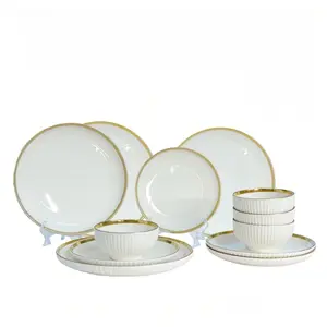 Ceramic Dinnerware Sets for 12 Pieces Porcelain Lightweight Plates and Bowls Sets, Scratch Resistant Dish Set, Oven & Microwave & Dishwasher Safe,White vertically ribbed, gold edged