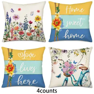 Floral & Letter Pattern Cushion Cover, 4 Counts/set Lovely Throw Pillow Cover, Home Decor for Living Room Bedroom Sofa Couch