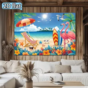 2D Flat, 2D Flat 1pc Backdrop, Sunny Tropical Seaside Scene Featuring Blue Skies and Crystal Clear Ocean, Sandy Beach and Palm Trees, Flamingos and Starfish, Perfect for International Beach Day a