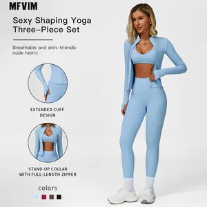 Women's Solid Criss Cross Crop Tank Top & High Waist Leggings & Zip Up Crop Jacket Tracksuit Set by MFVIM - Breathable Comfortable Outfits for Yoga, Gym, Workouts, and Running
