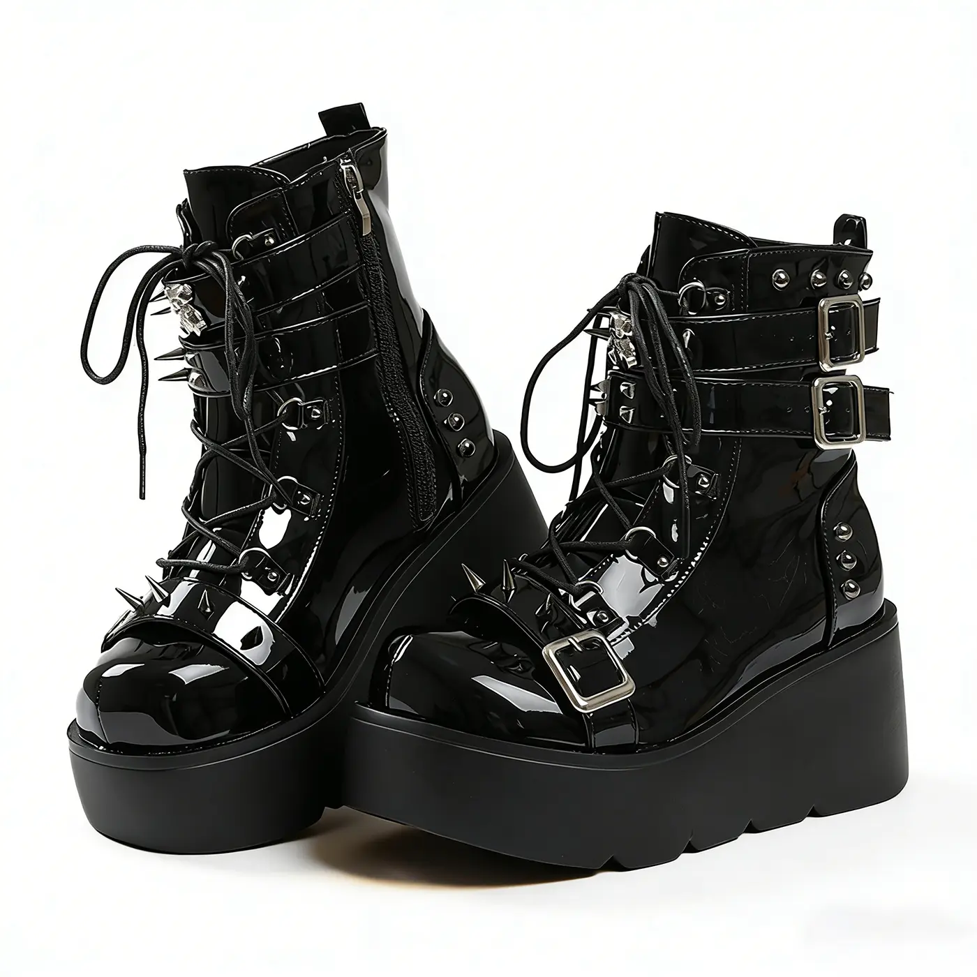 Punk Goth Platform Ankle Boots for Women, Patent Shine Leather with Spiked Studs, Chains, and Multi-Buckle Straps, Party, Platform Wedge, Spikes Studs, Casual Wear, Wear-Resistant Sole, Round Toe, Rubber Sole, Laces