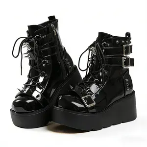 Women’s  Patent Leather Platform Ankle Boots Spiked Studded Multi Buckle Lace Up Goth Punk Edgy Streetwear Party Casual Daily Footwear