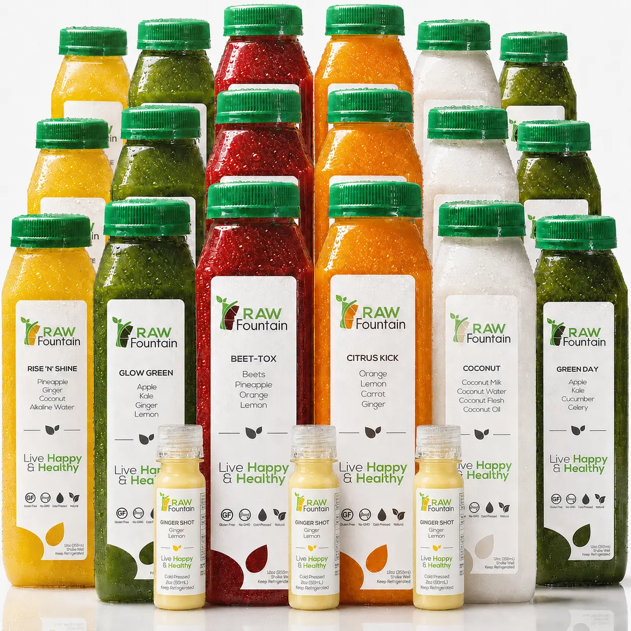5 Day Juice Cleanse by RAW Fountain w/ Coconut, All Natural, Raw Detox Cleanse,Vegan, Tasty and Energizing, 30 Bottles, 12oz, 5 Ginger Shots 2oz