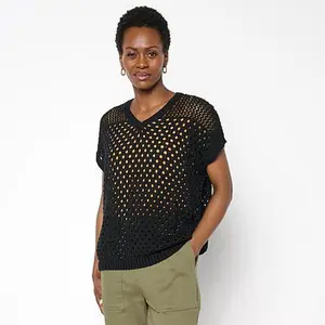MarlaWynne WynneLayers Cap-Sleeve Open-Stitch V-Neck Sweater
