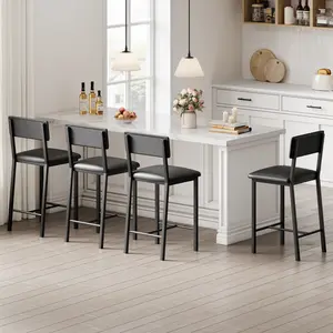 Set of 4 Counter Height Bar Stools - PU Leather Upholstery, Backrest & Footrest, Thick Padded Seat, Sturdy Metal Legs, Modern Tall Dining Chairs for Kitchen Island, Black