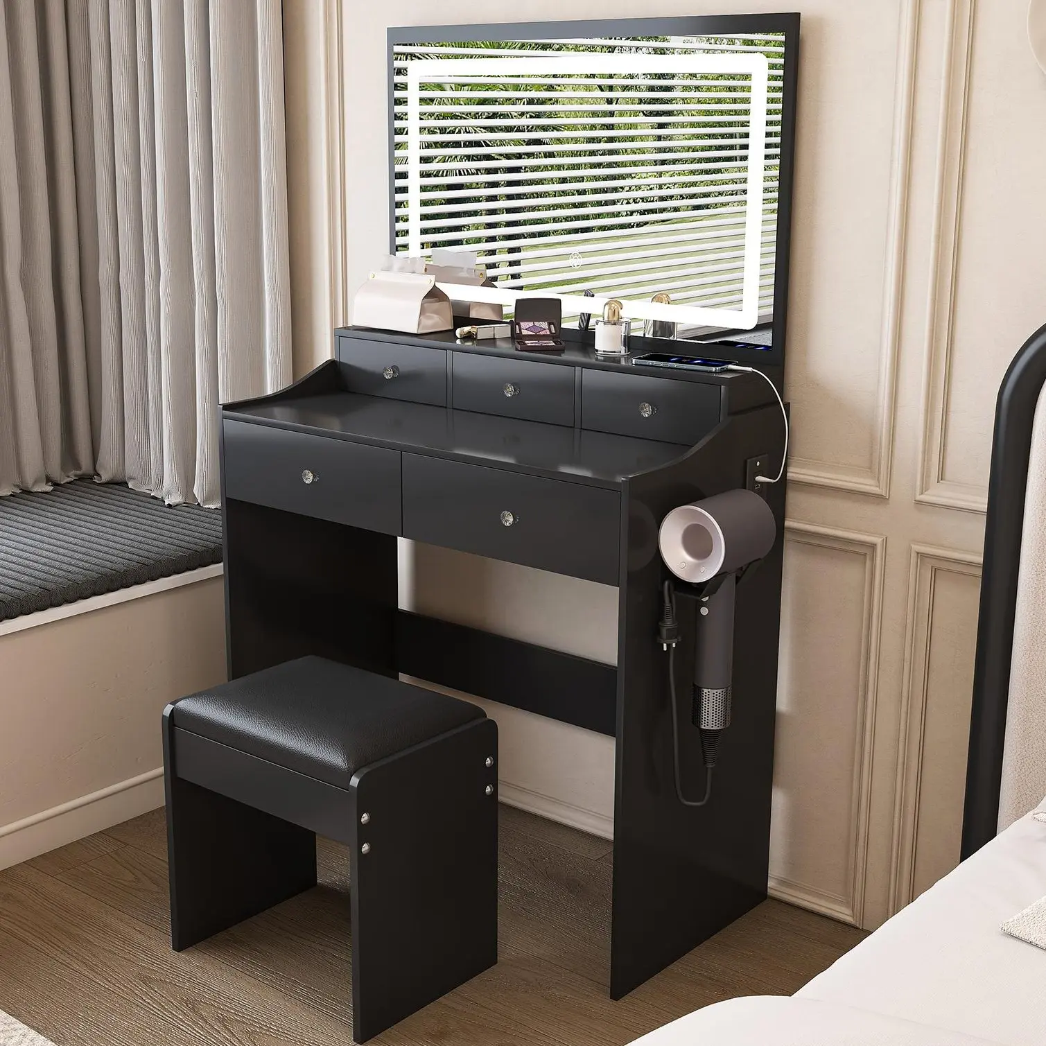 Eyisean 31.5" Modern Vanity Desk Set with Large LED Mirror, Power Outlet, Hair Dryer Holder, 5 Storage Drawers & Stool - Women's Bedroom Dressing Vanity Table, Makeup Vanity