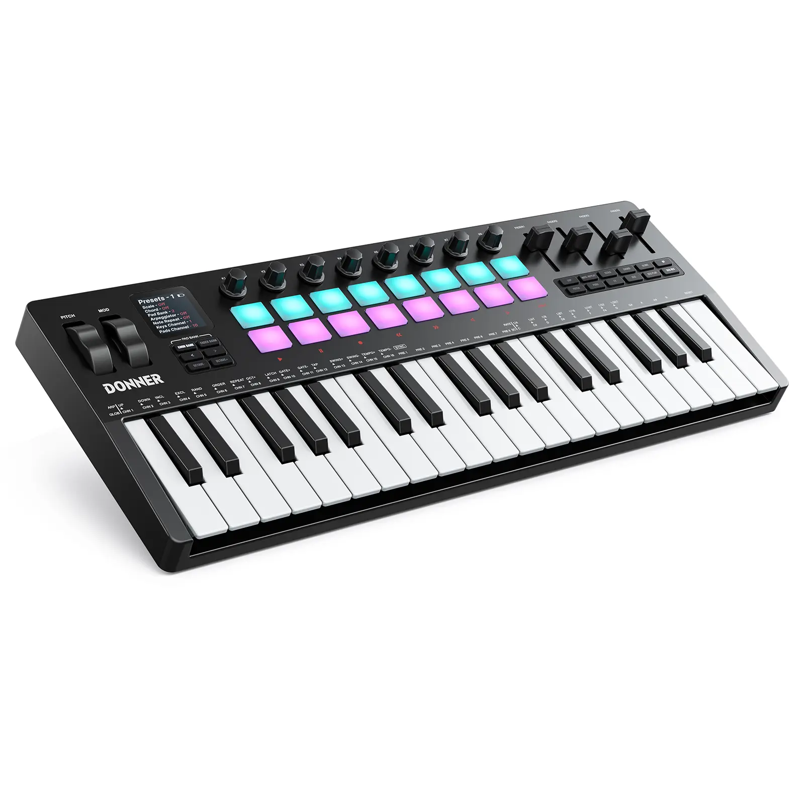 Donner STARRYKEY-37 PLAY Multifunction Portable Piano Keyboard Controller, 37-Key Digital Interactive MIDI Keyboard with 128 Voices, 16 RGB Pads, USB Wireless, 7-Mode Arpeggiator, 4 DAW Software, 40 Courses