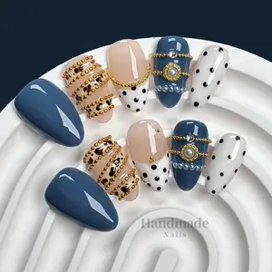 10Pcs Handmade y2k Blue Leopard Pearl Press On Nails, Almond Nails, Short Nails, Polka Dots Fake Nails, Glossy Gold Chain Nail Art For Women and Girls Spring and Summer