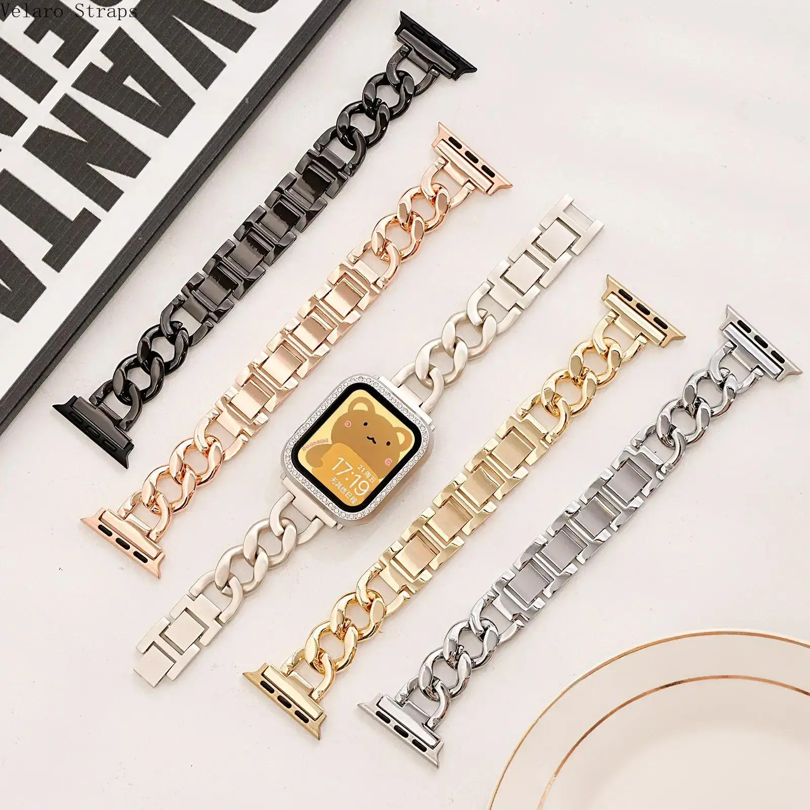 Simple Denim-Style Link Metal Apple Watch Band, Minimalist Strap Compatible with Series 7/8/9 & Ultra