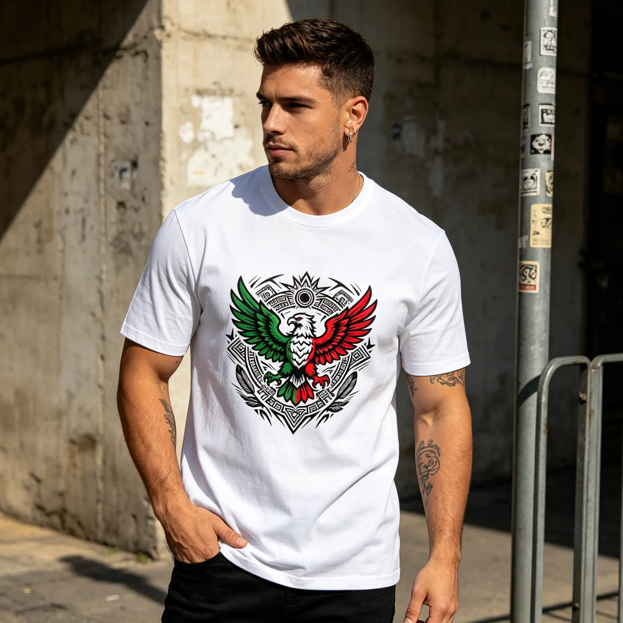 Latino Heritage Cotton T-shirt Featuring Green White Red Mexico Eagle Tribal Art Design with Mexico Flag Tattoo Eagle Theme for Men