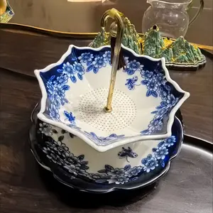 Elegant Blue Floral Ceramic Tea Strainer Set with Tassels, Decorative Umbrella Shape Filter for Home Office Table Decoration