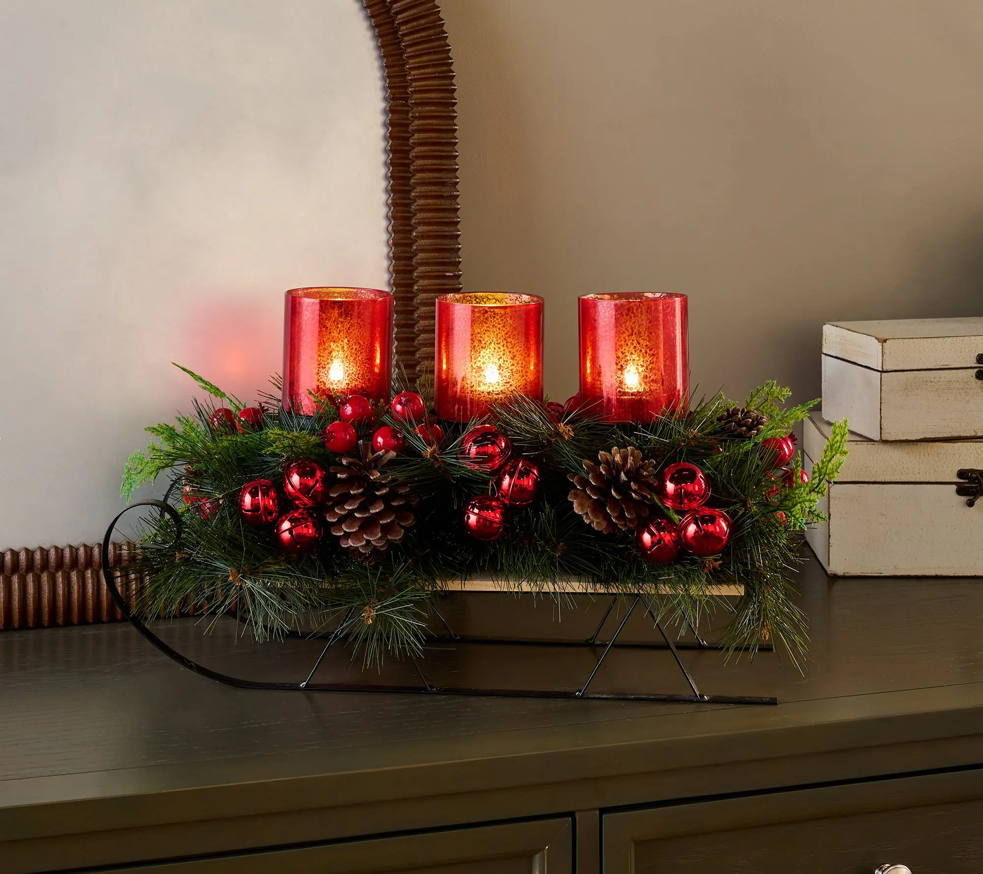 Illuminated Sleigh Centerpiece with Greenery by Valerie Illuminated Sleigh Centerpiece with Greenery by Valerie