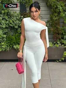 Women's Solid Asymmetrical Neck Knot Design Fitted Sleeveless Top & High Waist Capri Pants Two-piece Set, Elegant Chic Fashion Basic Ruched Top & Skinny Capri Trousers for Daily Outdoor Wear, Ladies Clothes