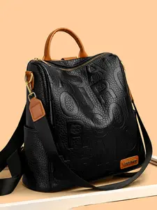 Fashion Colorblock Letter Pattern Backpack, Casual PU Leather Zipper Backpack for Women, Trendy Versatile Commuting Backpack for Daily Use, Casual Daypack Backpacks