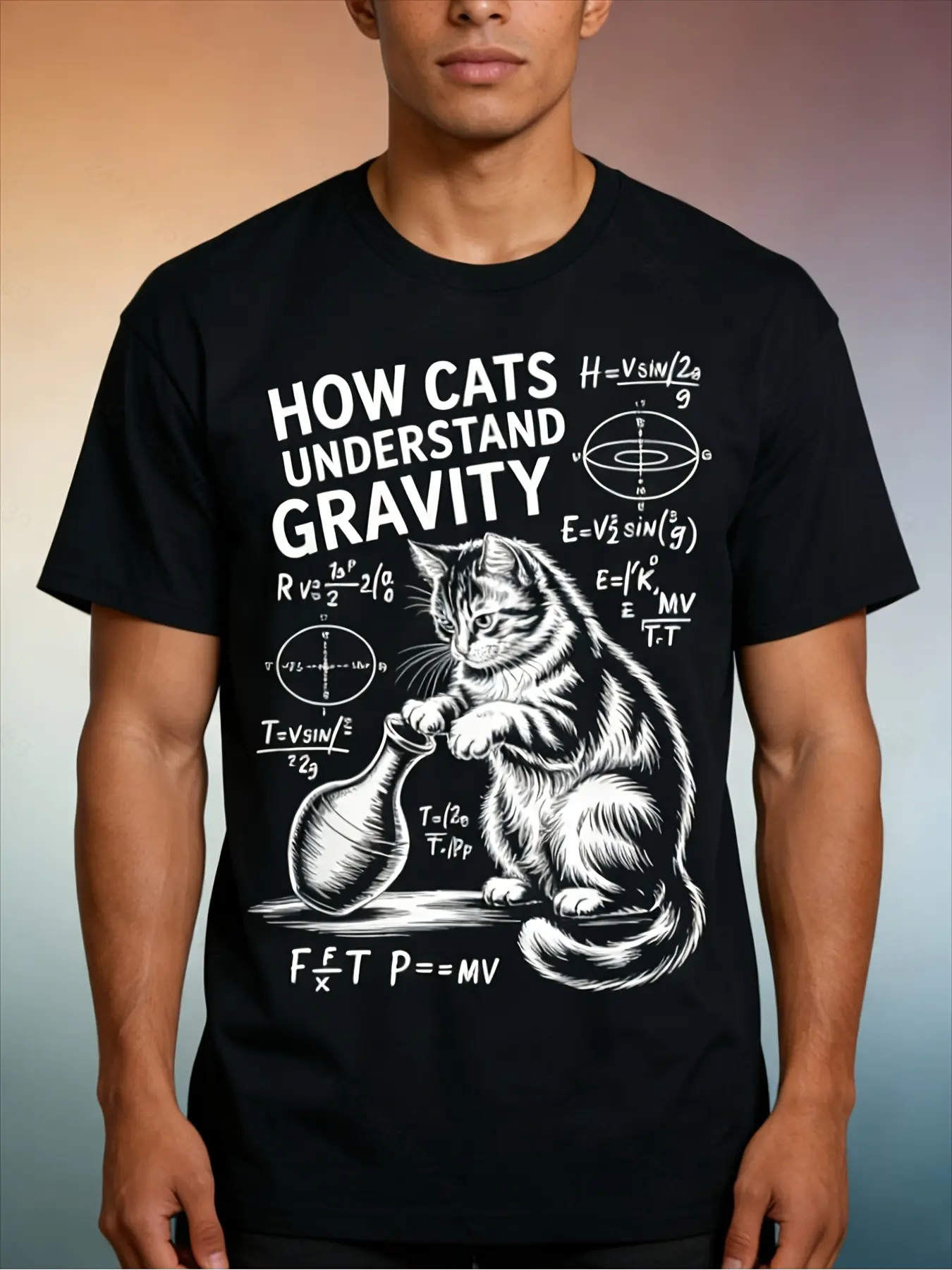 Men's Funny Physics Cat T-Shirt - Retro Nerdy Scie unisex soft cotton short sleeve t shirt, vintage graphic casual tee for men women teens, perfect birthday holiday gift for camping travel gym daily street  wear