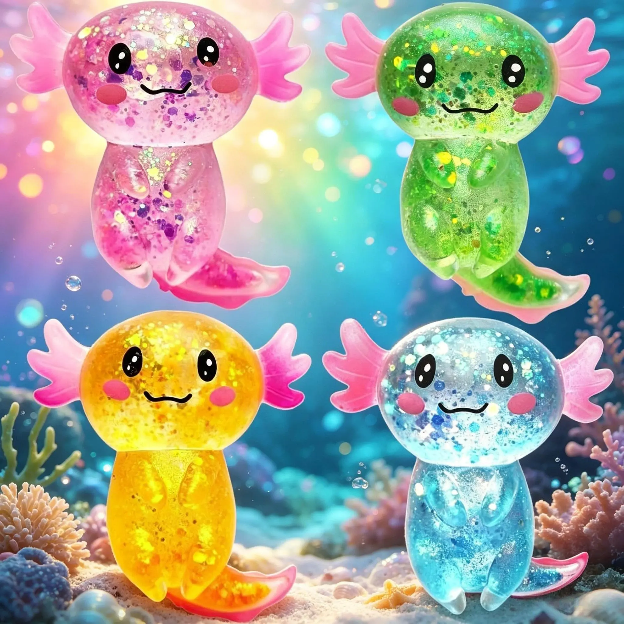 4-Pack Sparkly Sequin Salamander Marshmallow Squishies, Ultra Slow Rising Decompression Stress Balls, Soft Chewy Malt Texture Fidget Toys, Unisex Fun Gift for 4+ Years Kids