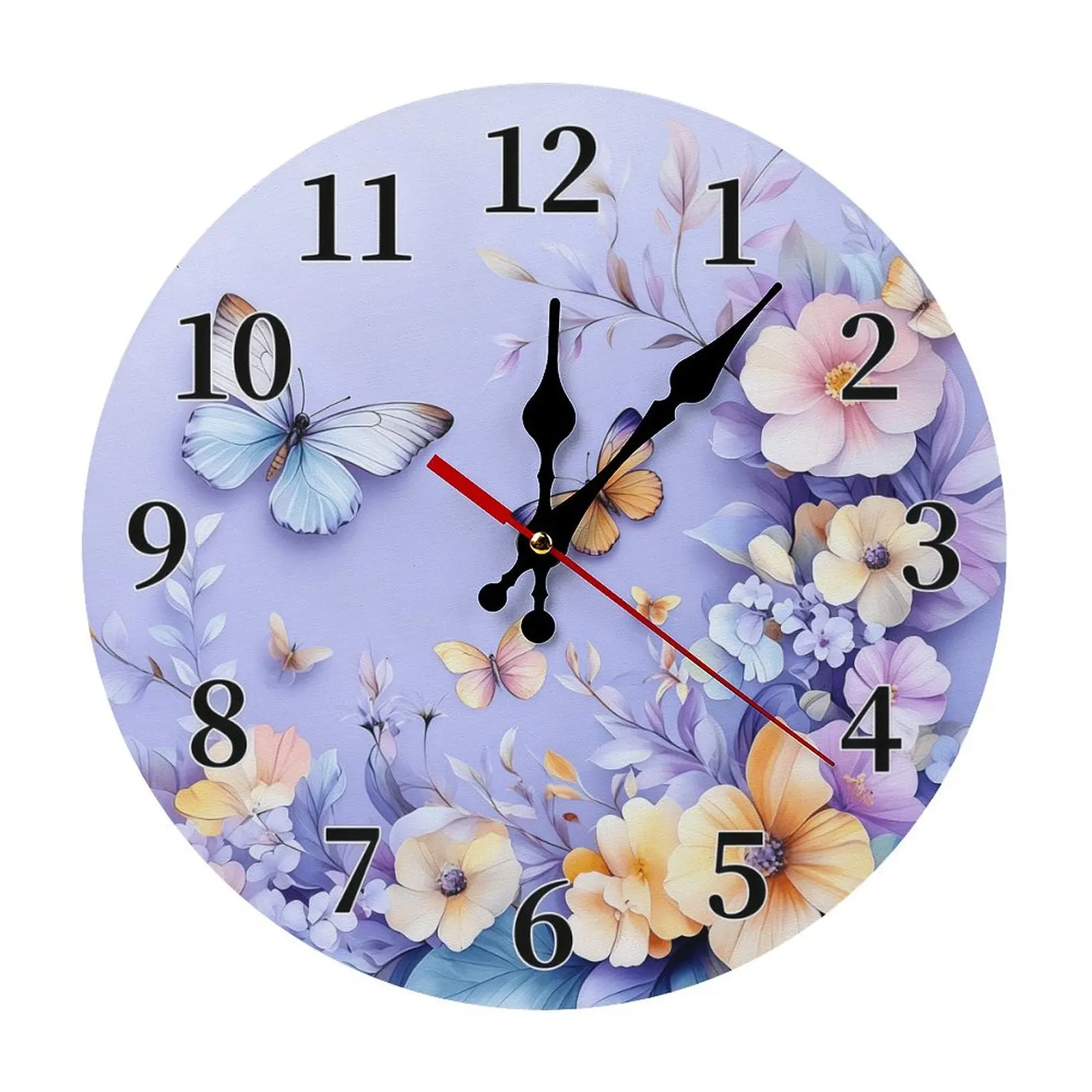 25cm/9.8" Purple Floral Butterfly Silent Wall Clock,Easy DIY Install Pastel Flower Non-Ticking Battery Operated Clock, Girly MDF Wood Clock for Girls Bedroom, Nursery, Living Room Decor, Butterfly Lover Gift